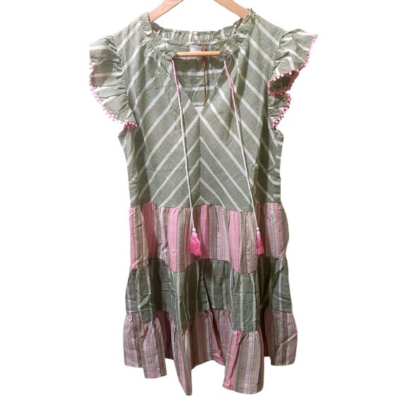 Voy Dresses & Skirts - NWT Voy Striped Green & Pink Ruffle Sleeve Tiered Dress Size Small